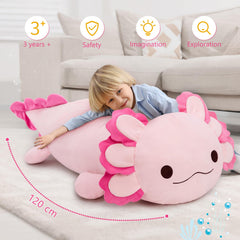 MaoGoLan giant axolotl plush side view, ideal body pillow for naps