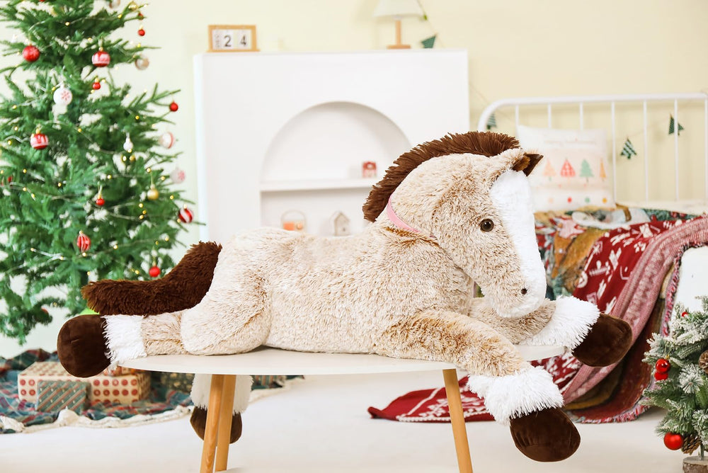 MaoGoLan giant horse toy in brown, side view, perfect for imaginative riding play.