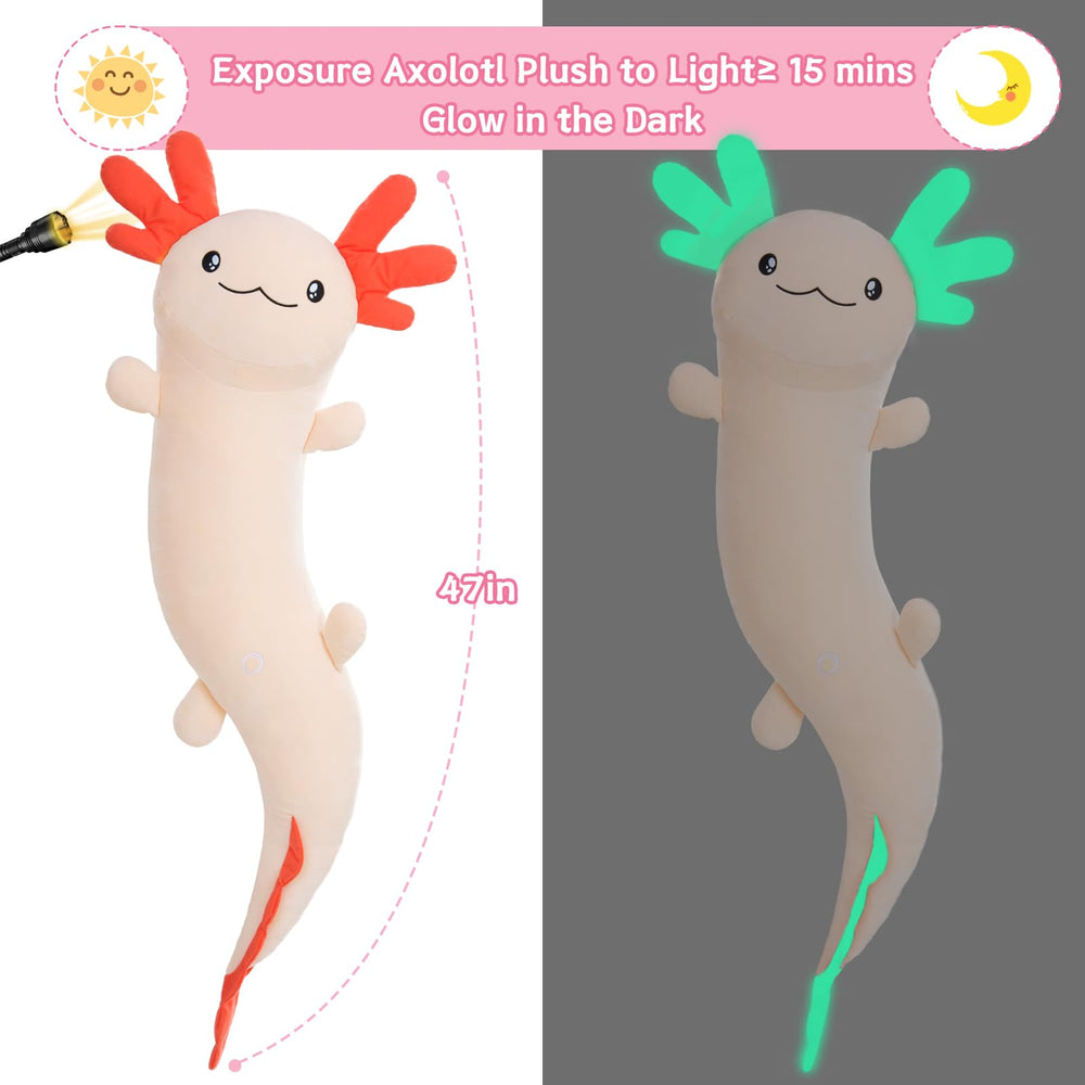 MaoGoLan glow-in-the-dark axolotl plush charges in light and glows at night
