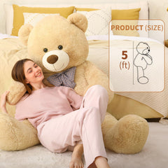 MaoGoLan life-size teddy on bed demonstrates scale-friendly decor and cuddle potential.
