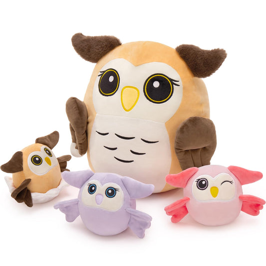 MaoGoLan 16-inch mama owl plush for cozy cuddles and decorative bed centerpiece.