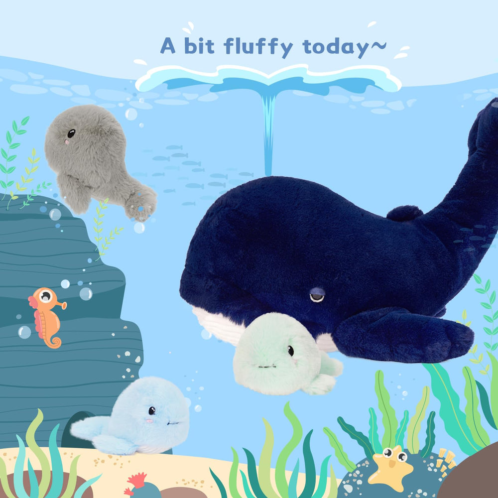 MaoGoLan whale family plush set decorates a kid's room with a sea theme.