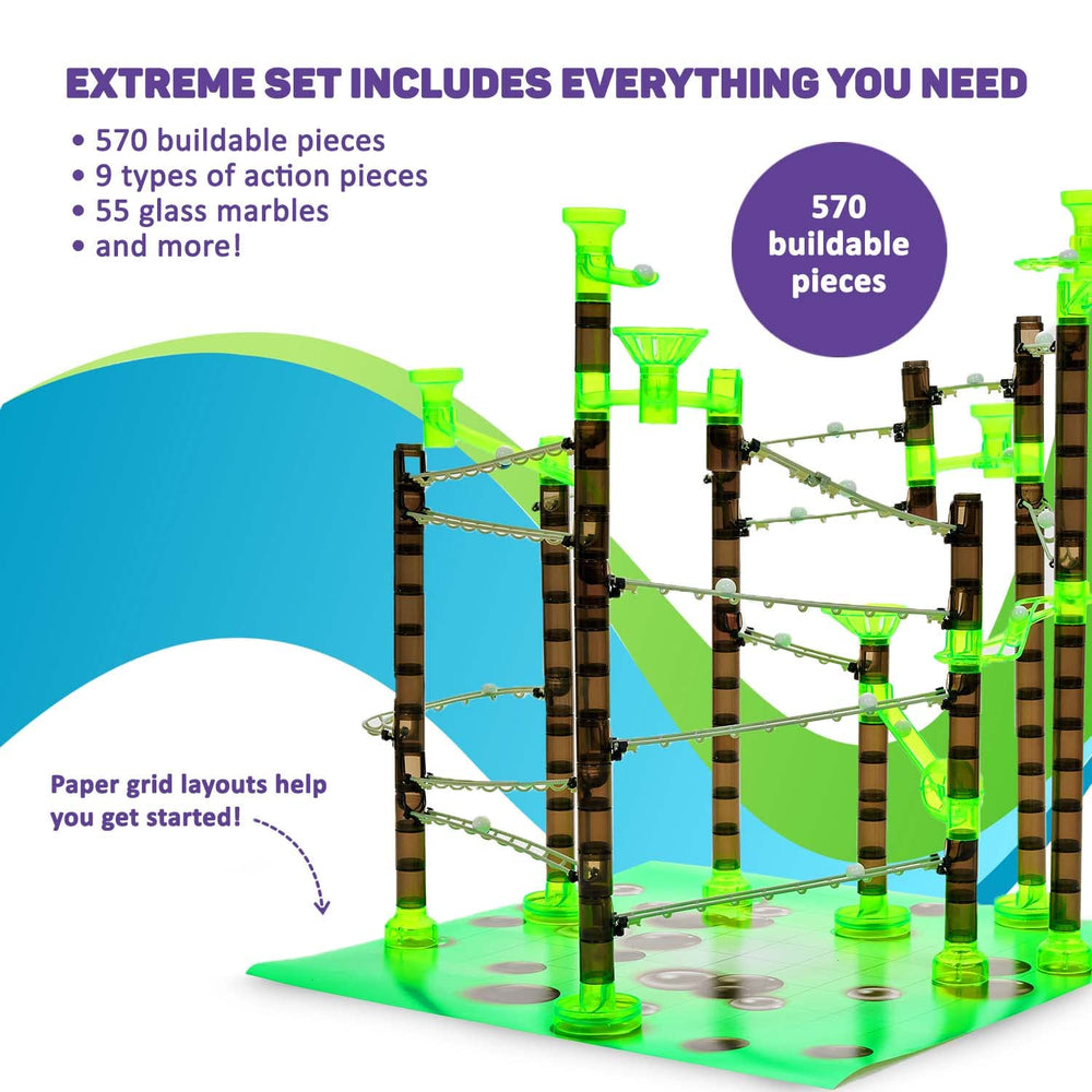 Marble Genius 55 glass marbles glide through the track for exciting races.