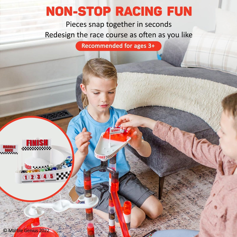 Marble Genius jump ramp proves exciting routes for fast marble racing.
