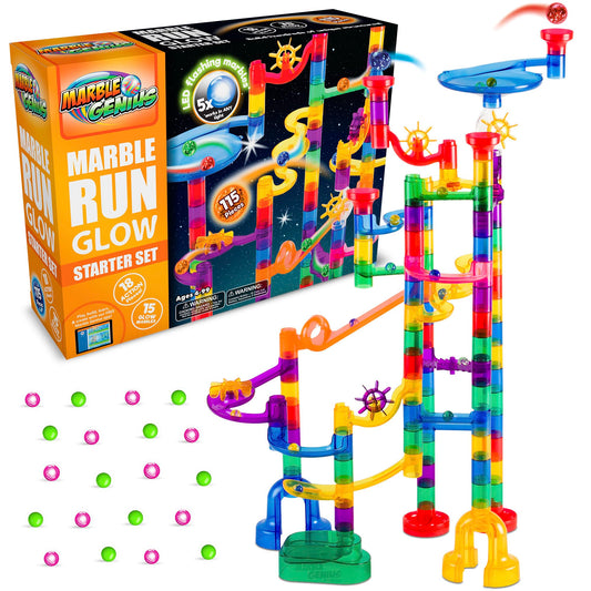 Marble Genius Marble Run Glow Starter Set full view highlighting vibrant track and glow features.