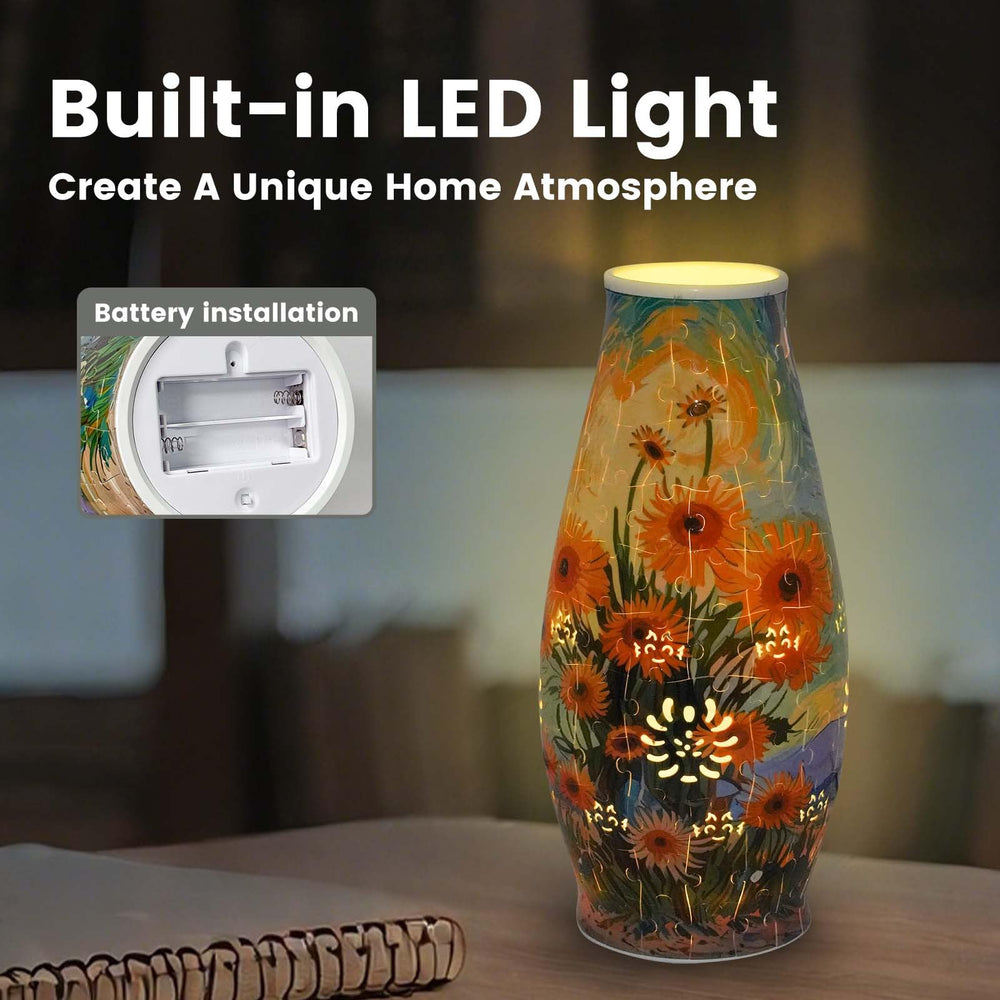 Sunflowers side of Maricrosea vase under LED glow