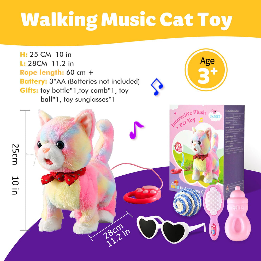 Marsjoy Rainbow Walking Cat Toy battery access and care guidance.