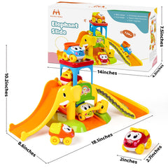 Marstone elephant-themed learning toy combines parking, sliding, and assembly for versatile learning