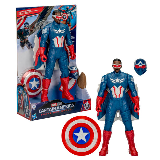Marvel Avengers Captain America flight mode figure with wings for imaginative aerial battles.