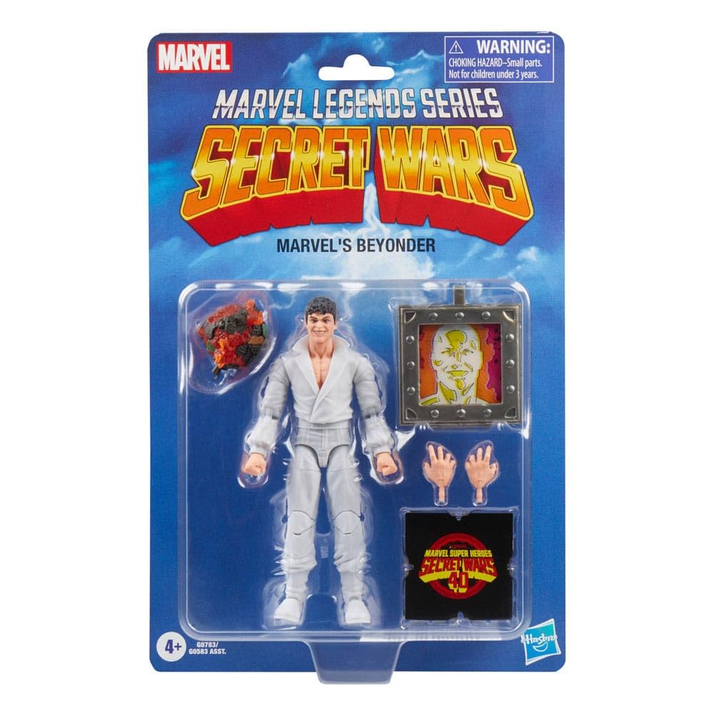 Front view of Marvel Legends Beyonder figure, showcasing retro Secret Wars styling and shield.
