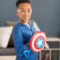 Indoor and outdoor play with Marvel Skyshot Blaster and action figures.
