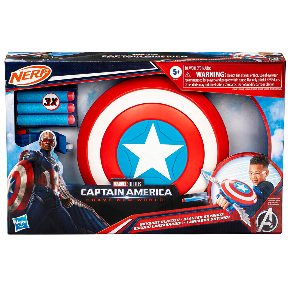 Marvel Captain America Skyshot Blaster with darts stored at the front for quick reloads.