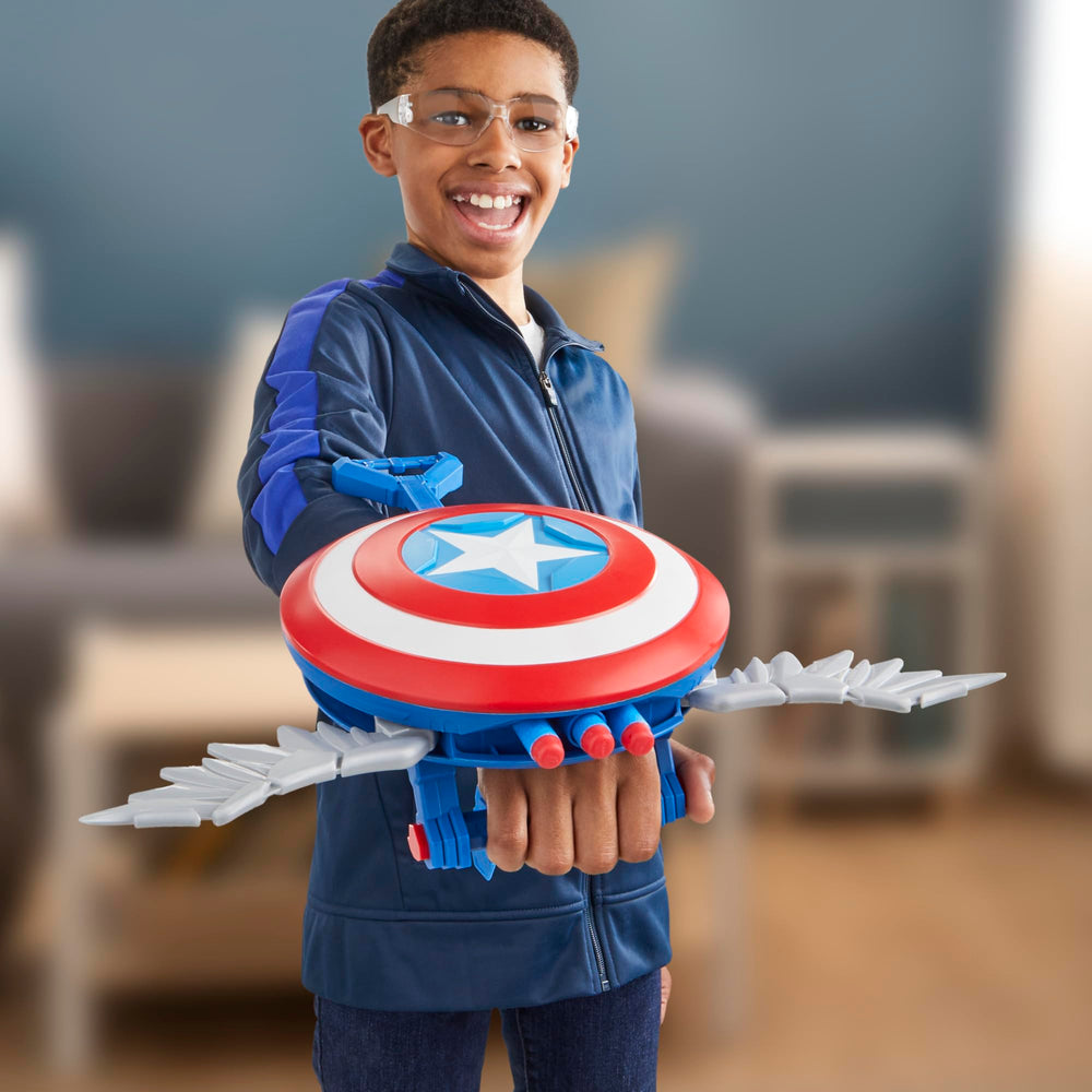 Marvel Captain America Skyshot Blaster dual-side firing buttons for left or right-handed use.