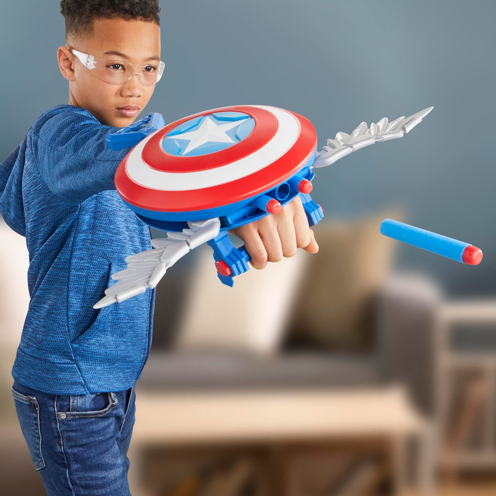 Marvel Captain America Skyshot Blaster paired with shield enhances costume play.