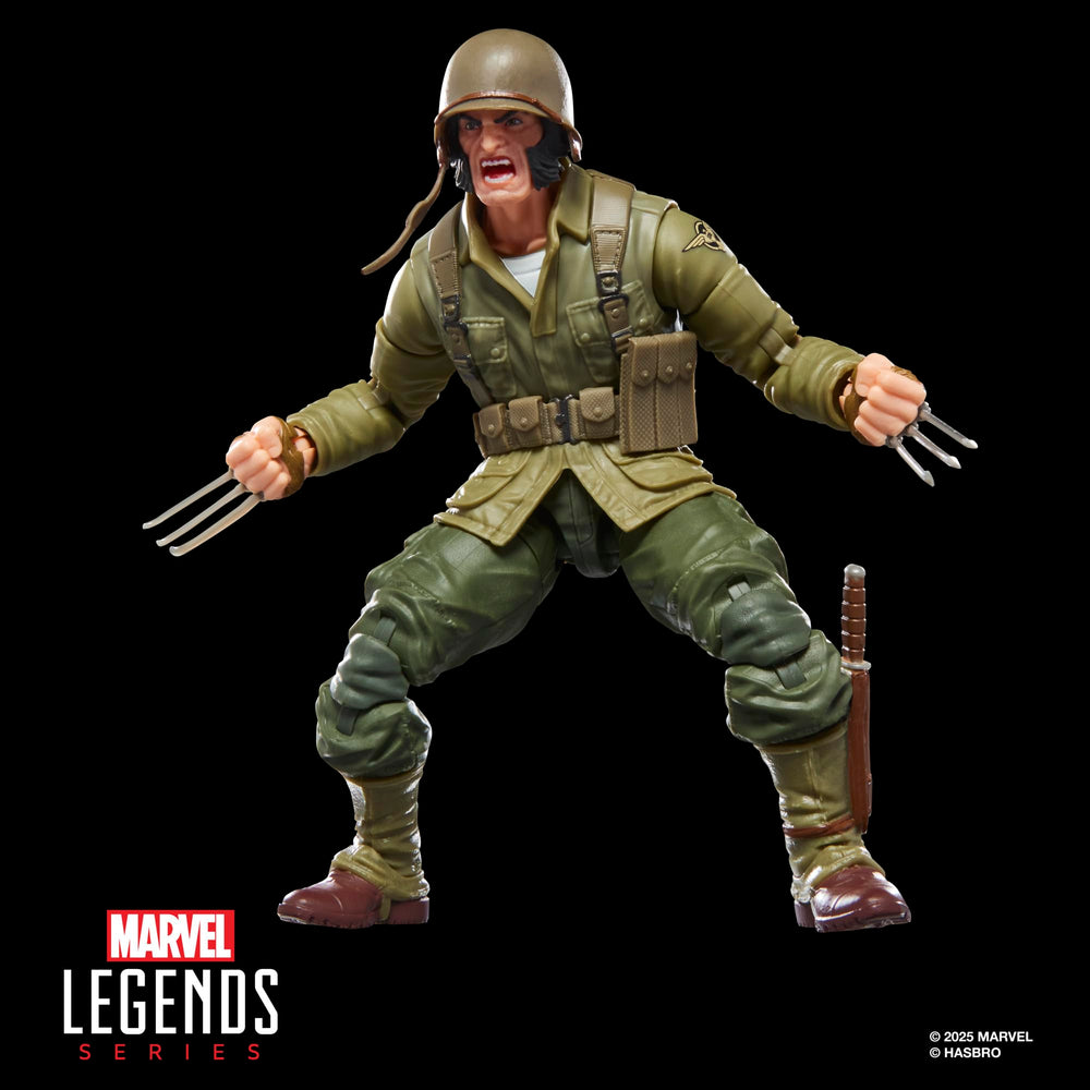 Marvel Classic Wolverine WWII Logan knife and satchel accessories for display.