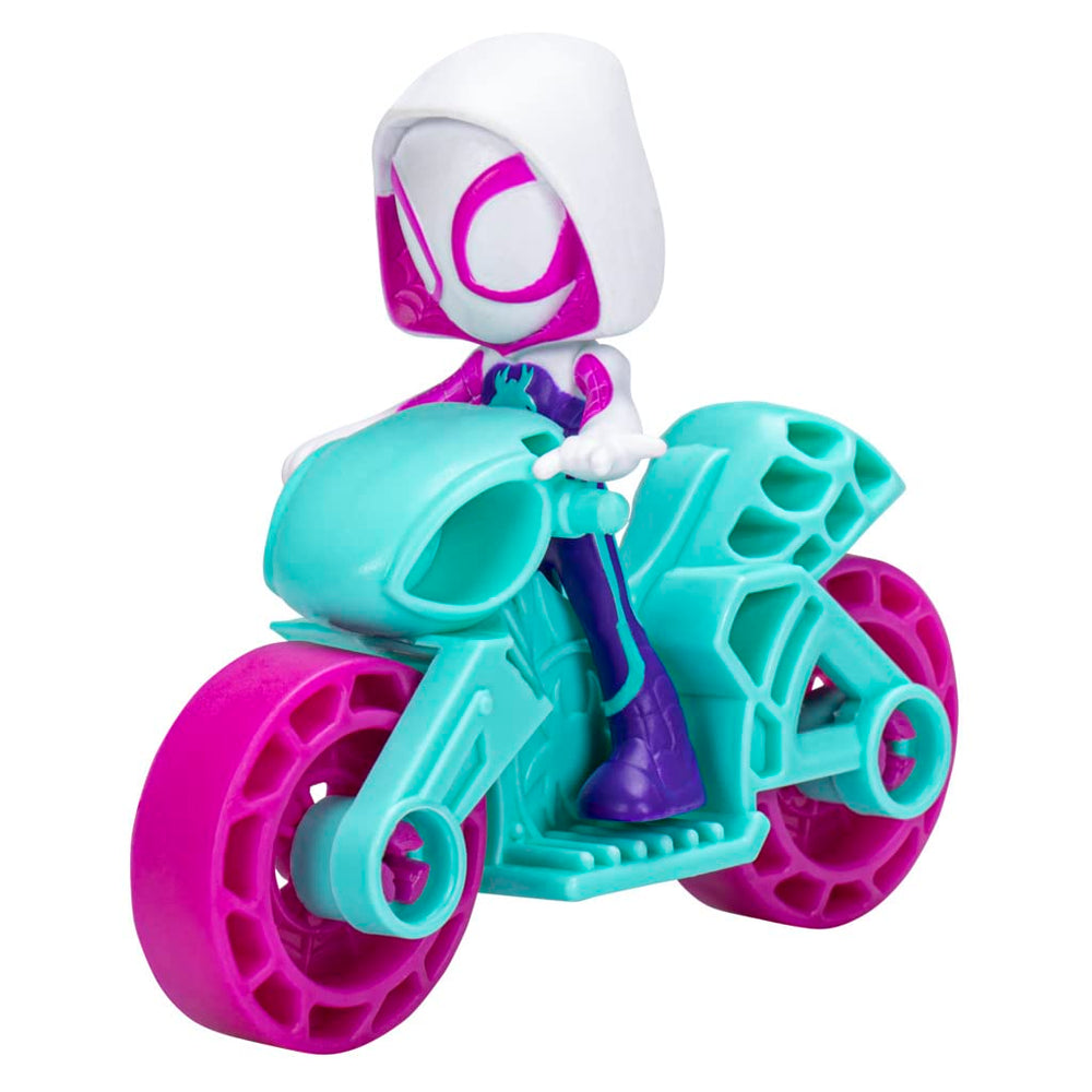 Marvel Ghost Spider figure riding a bike for imaginative play.