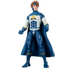 Close-up deco on Marvel Legends New Warriors Justice figure showing comic-inspired details.