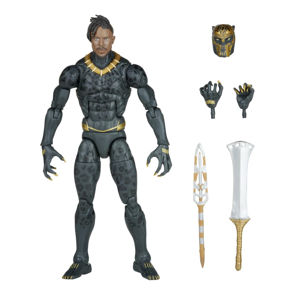 Marvel Legends Killmonger figure with weapons and alternate heads for versatile display.