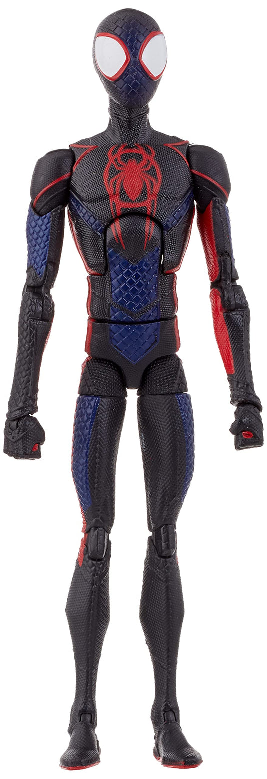 Marvel Legends Spider-Man Miles Morales figure front view with movie-inspired deco for display.
