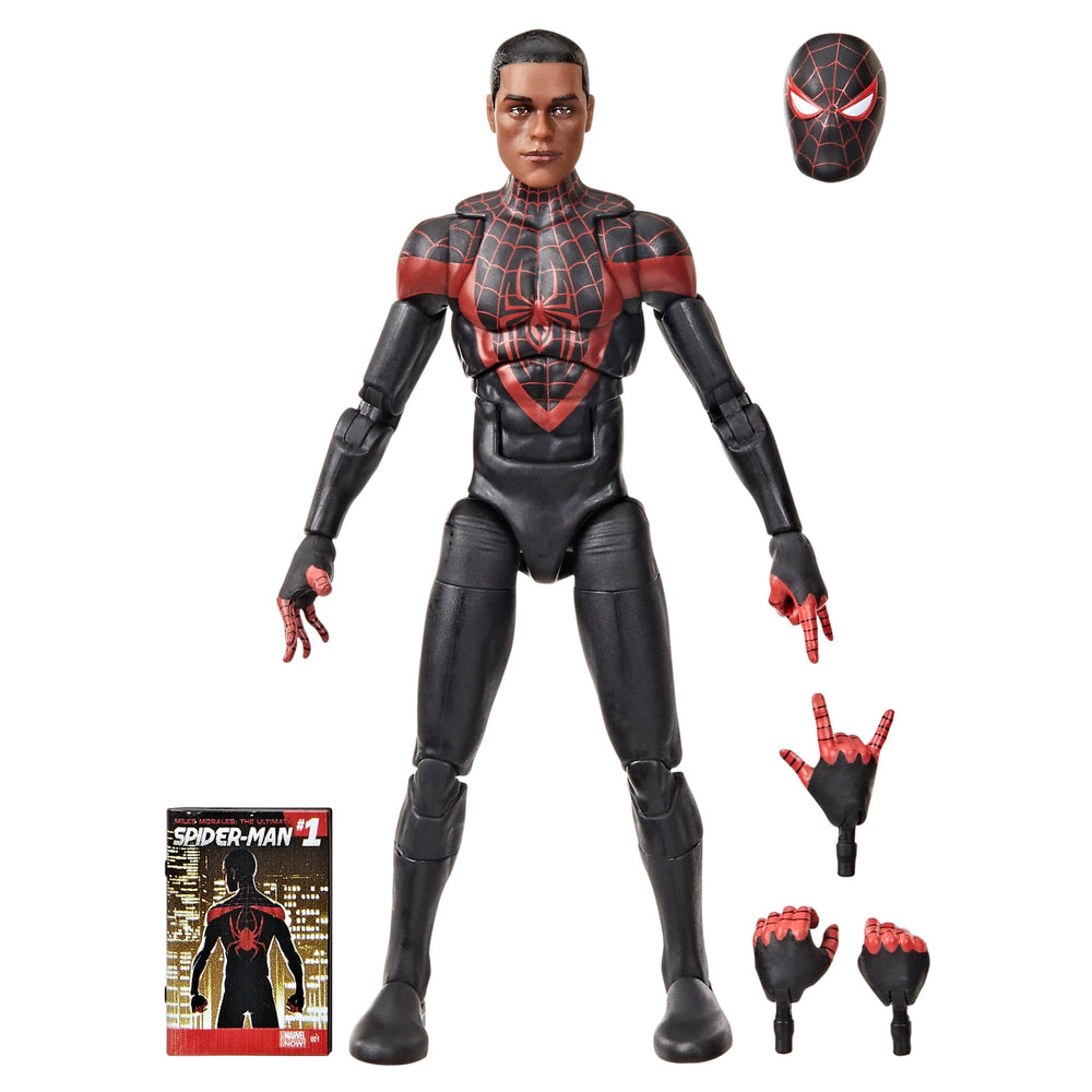 Marvel Legends Ultimate Miles Morales figure front view highlights premium deco for display.