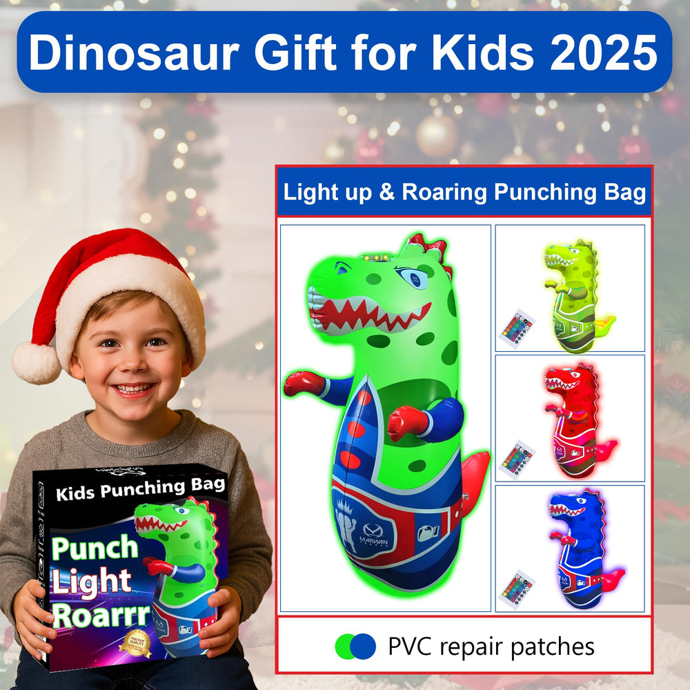 Marwan Sports dinosaur glow-in-the-dark punching bag; glowing design enhances after-dark fun.