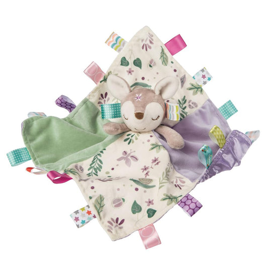 Mary Meyer Taggies Flora Fawn toy on a blanket for soothing snuggles.