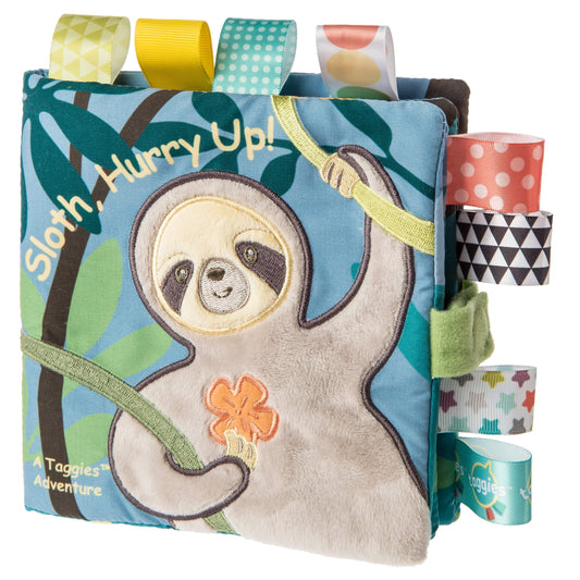 Mary Meyer Taggies Molasses Sloth soft cloth book cover with cute applique for baby snuggle.