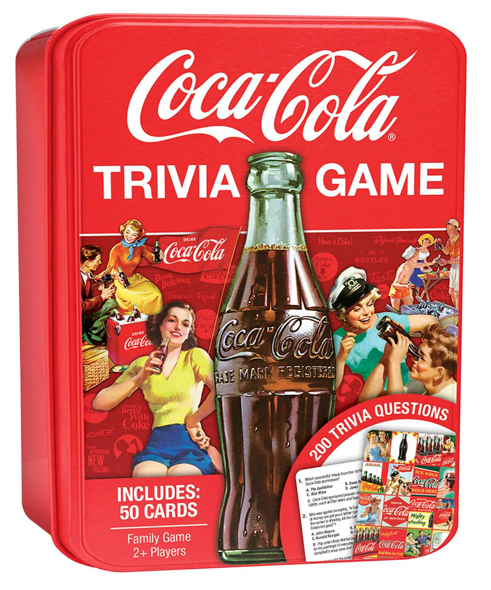 MasterPieces Coca-Cola trivia tin displayed for collectible display and safe storage.