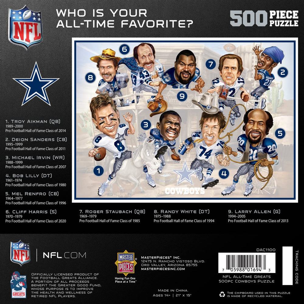 MasterPieces Dallas Cowboys All-Time Greats puzzle team banner highlights iconic colors for game-night