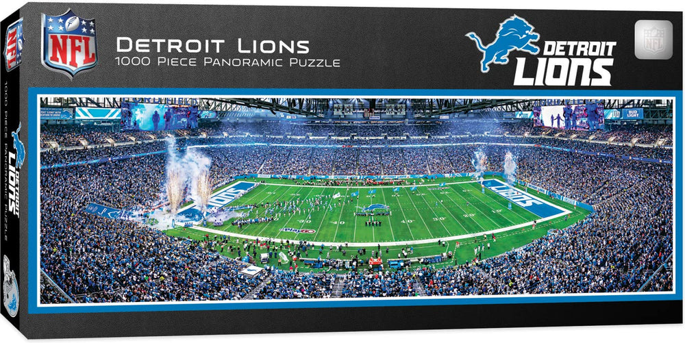 MasterPieces Detroit Lions center-view panoramic puzzle, ideal for fans and game-night relaxation.