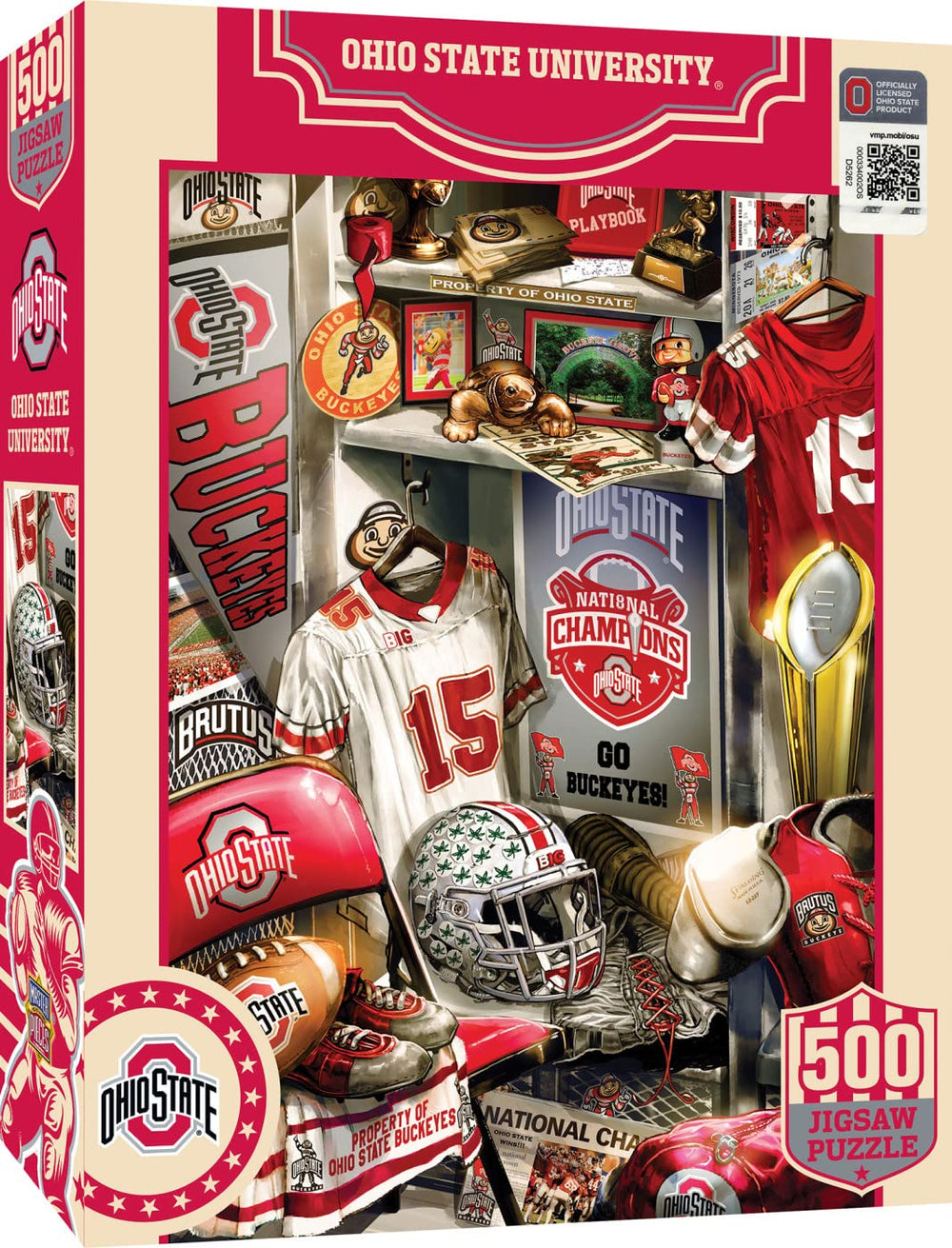MasterPieces Game Day 500-piece puzzle shows Ohio State locker room memorabilia for nostalgic puzzling.