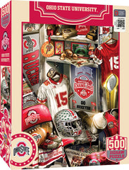 MasterPieces Game Day 500-piece puzzle shows Ohio State locker room memorabilia for nostalgic puzzling.