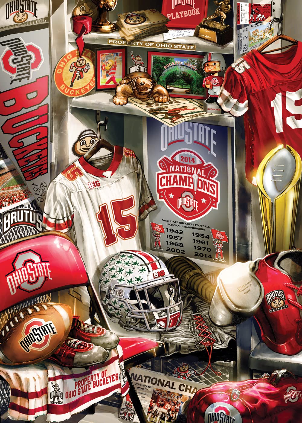 MasterPieces Buckeyes puzzle art highlights jerseys and helmets for sports history fans.
