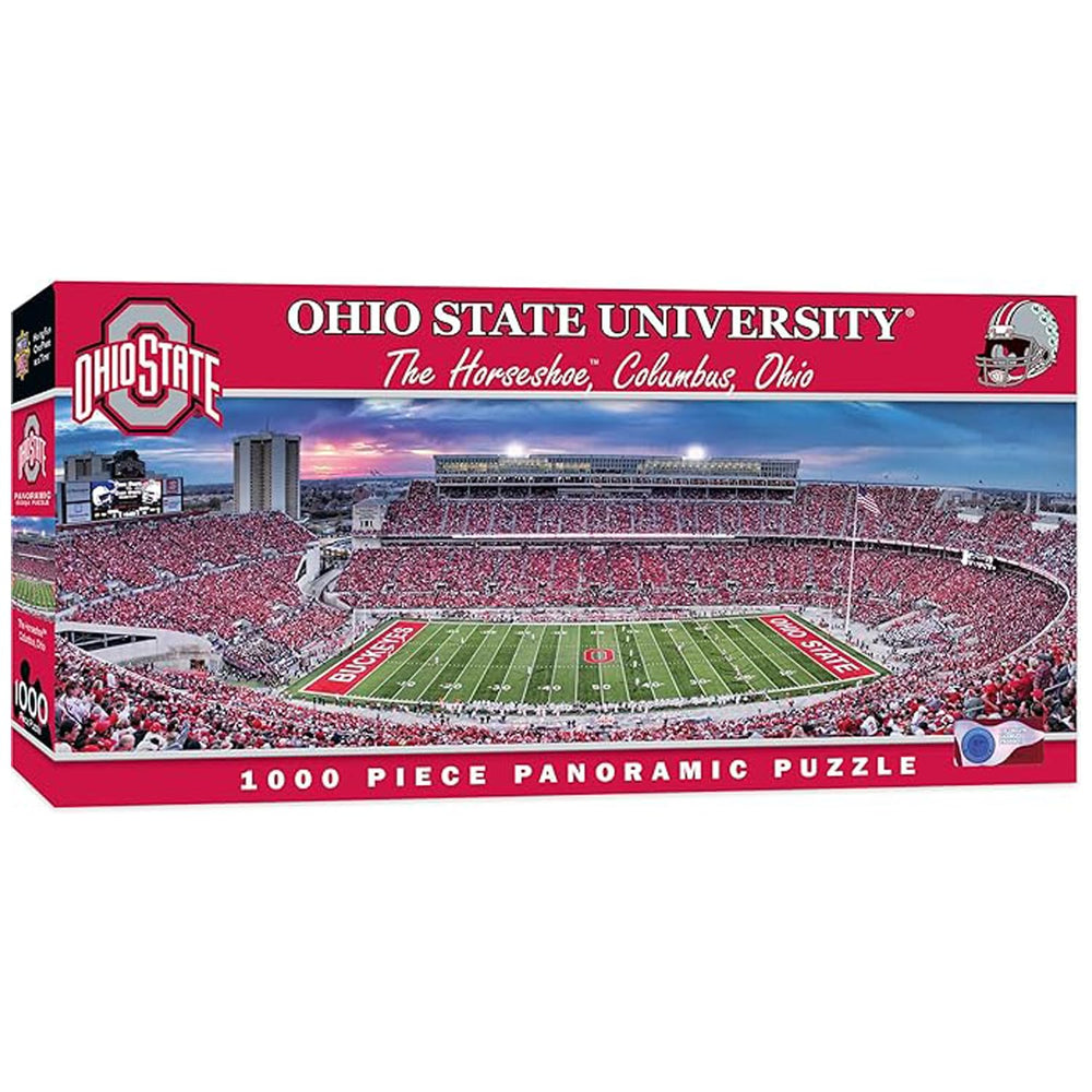 MasterPieces Ohio State puzzle panorama stadium for immersive Buckeyes scenery and family fun.