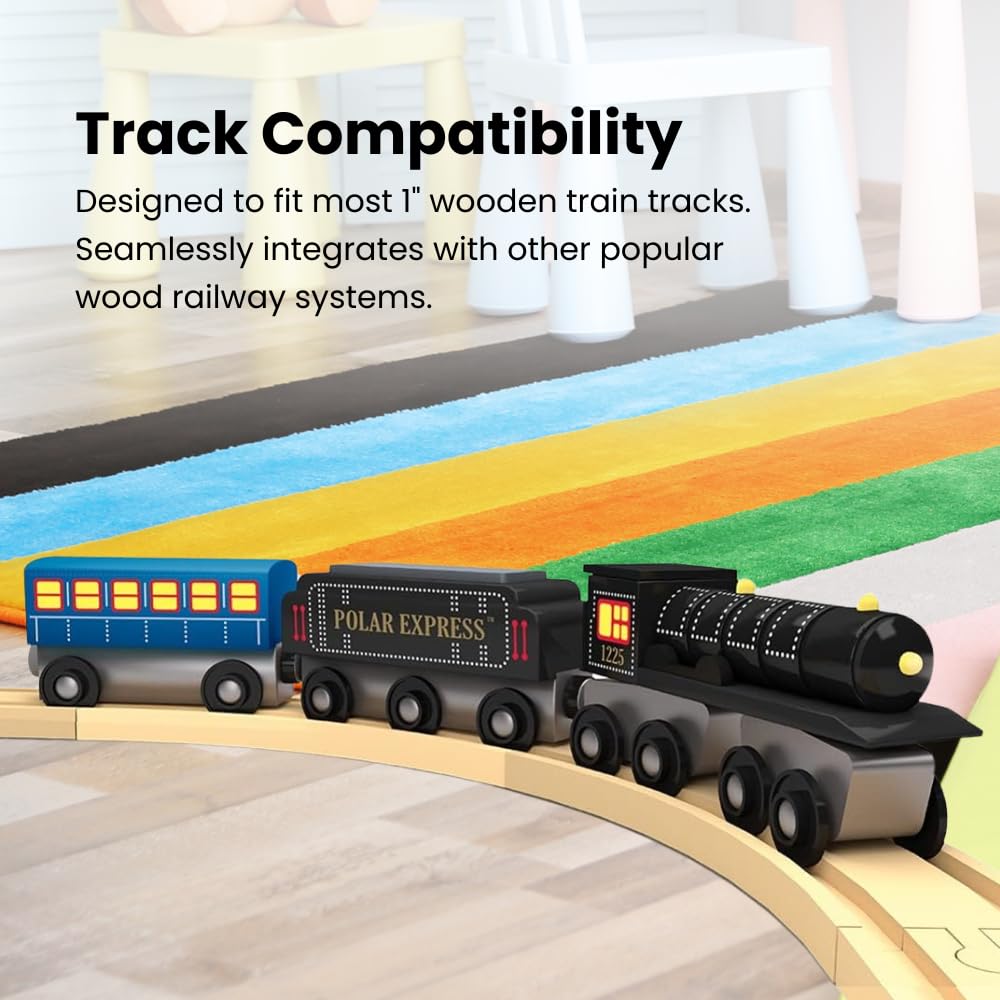 MasterPieces Polar Express magnetic connection enables flexible car arrangement during play.