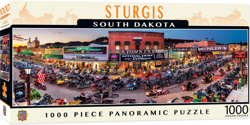 MasterPieces Sturgis panoramic puzzle cover showing motorcycle rally scenery for all ages.