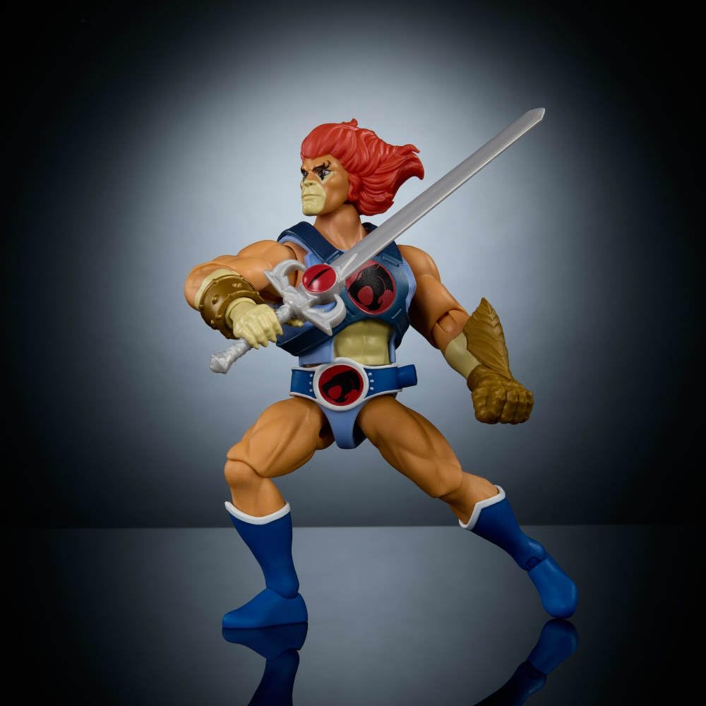 Masters of the Universe Lion-O origin sword of omens highlights metallic details and iconic design.