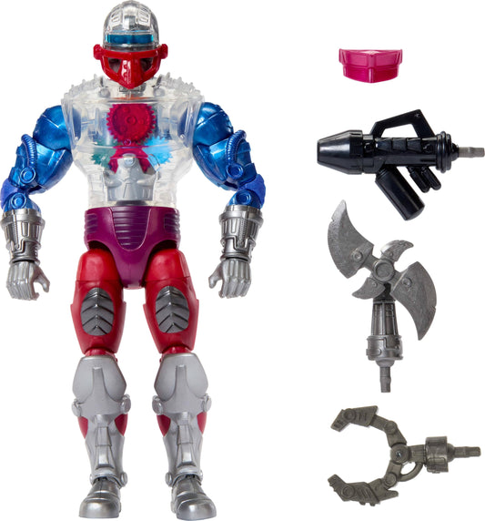 Masters of the Universe Roboto figure with clear torso showcases internal robotics for display