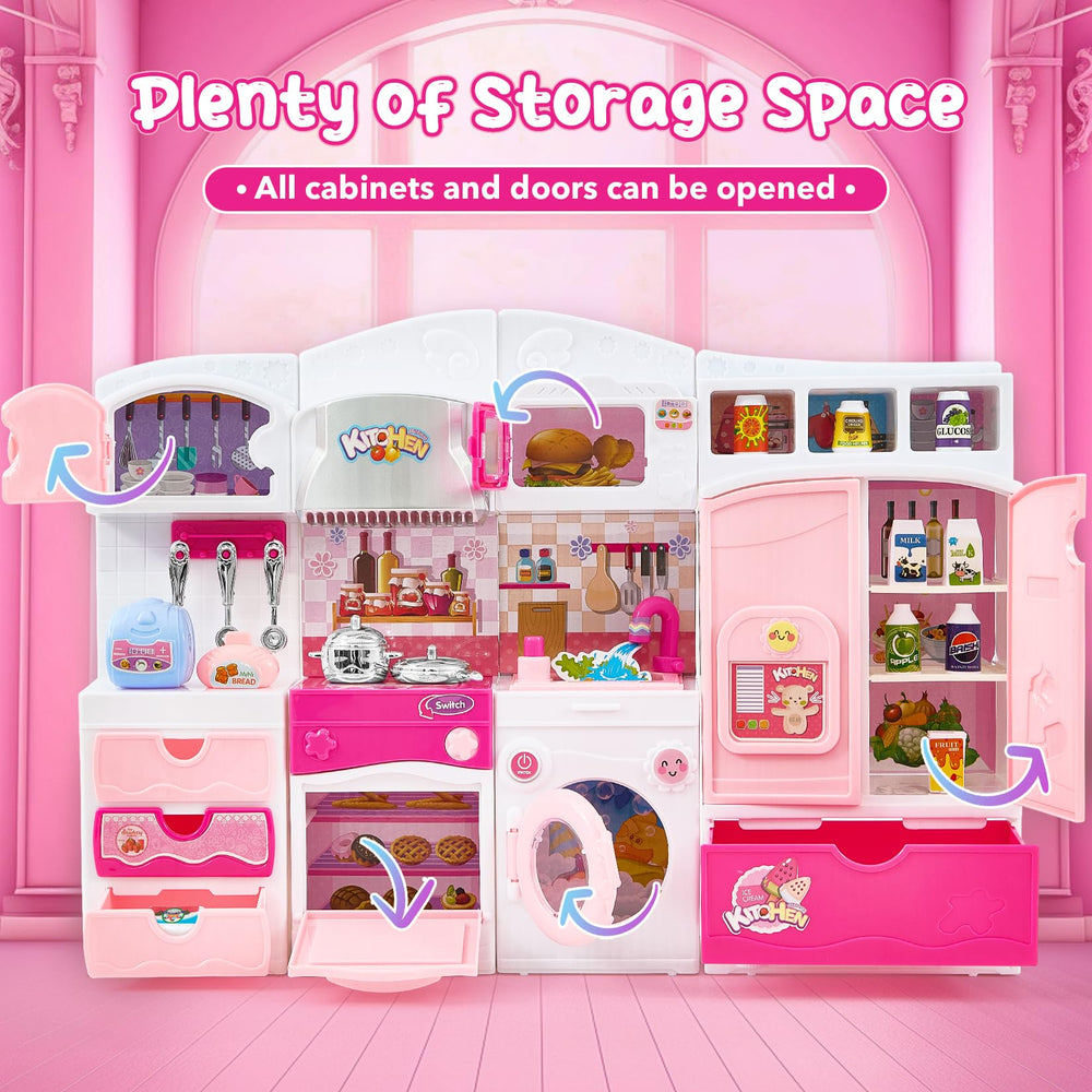 Mastom kids kitchen playset with open oven and microwave doors supports realistic pretend cooking.