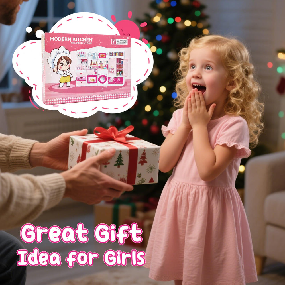 Mastom kids kitchen playset pink design pairs with most 11–12 inch dolls for dollhouse adventures.