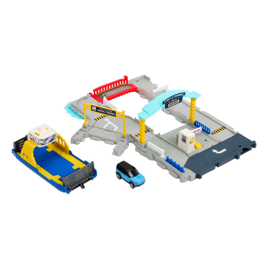 Matchbox Ferry Port bridge raised, guiding cars into the port lanes.