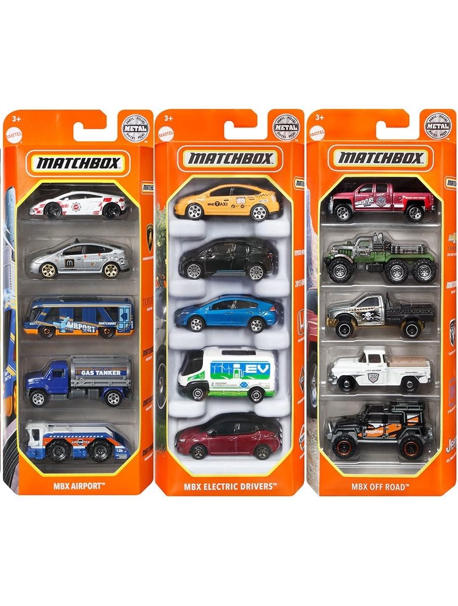 Matchbox three-themed 5-packs offer diverse vehicles for storytelling.