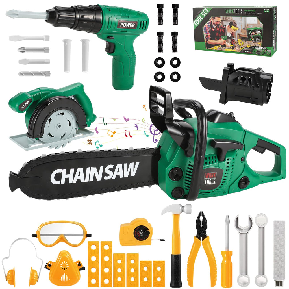 Mathea kids tool set electronic chainsaw boosts imaginative play and fine motor skills.