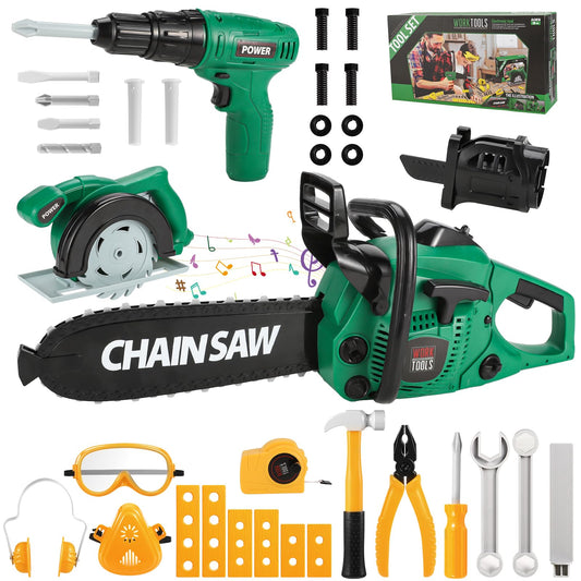 Mathea kids tool set electronic chainsaw boosts imaginative play and fine motor skills.