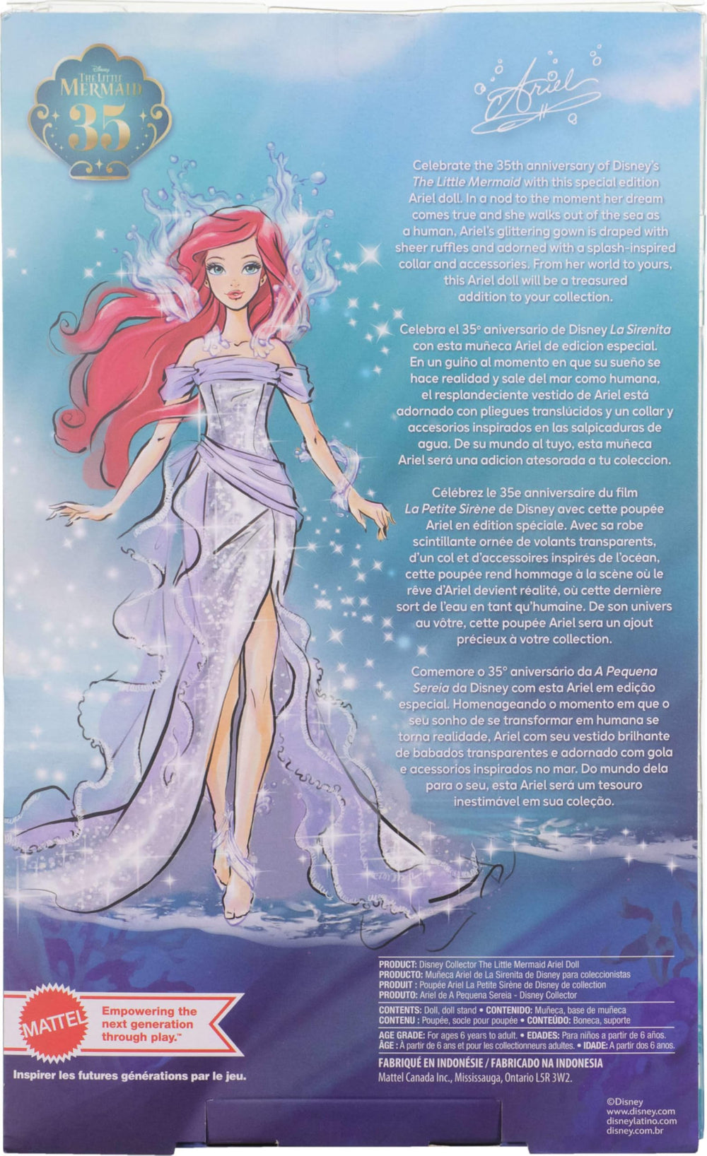 Doll stand and premium packaging shown with Mattel Ariel.