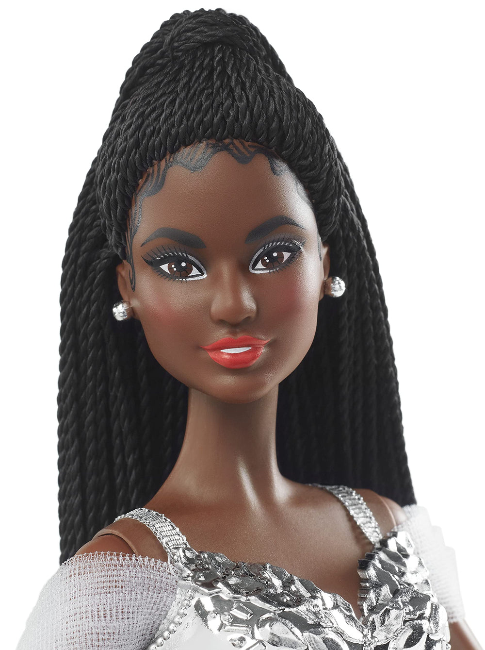 Barbie 2021 Holiday doll off-the-shoulder sleeves convey elegant holiday style on display.