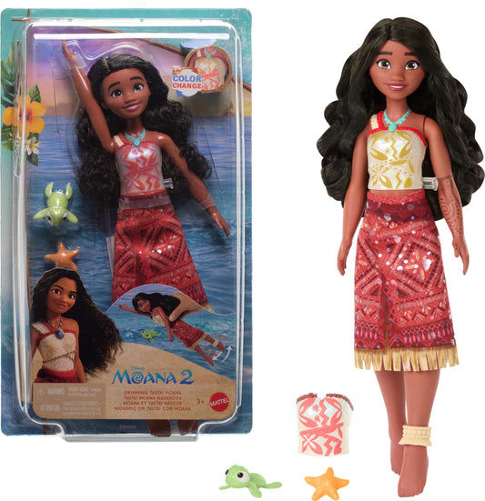Mattel Disney Moana 2 doll with color-change bodice activates in warm water for adventurous play.