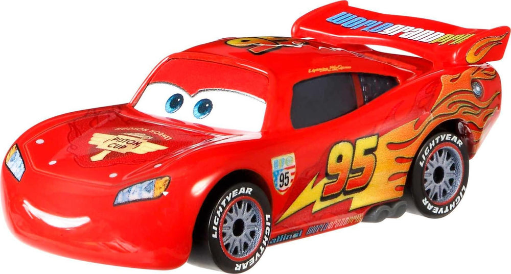 Mattel Lightning McQueen with racing wheels front view for dynamic display.