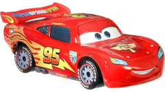 Mattel Lightning McQueen with racing wheels side view for pretend races.