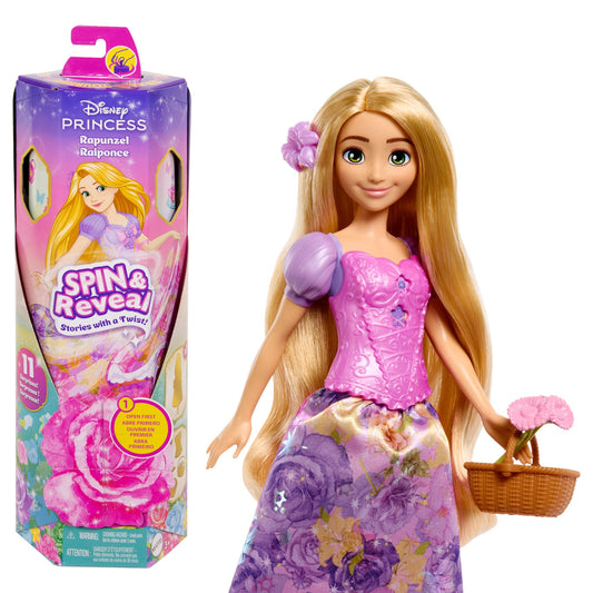 Mattel Disney Princess Rapunzel Spin Reveal flower opens to a magical garden scene for storytelling.